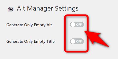 「Alt Manager」には「Generate Only Empty Alt」と「Generate Only Empty Title」という項目がある。まだalt属性やtitle属性が設定されていない画像だけ対象にしたい場合はそれぞれオンにします。