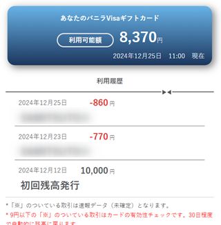 カードの利用履歴は時系列で表示されます