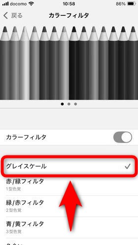 「グレースケール」という項目にチェックを入れると画面が無彩色になる